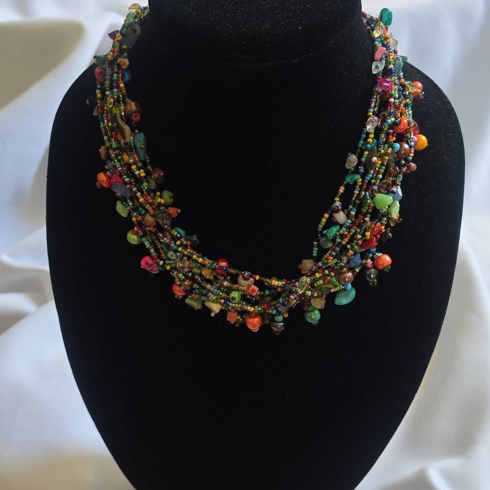 Vtg. Bohemian Beaded Necklace Artisan Rainbow Glass Beads/Semi Precious